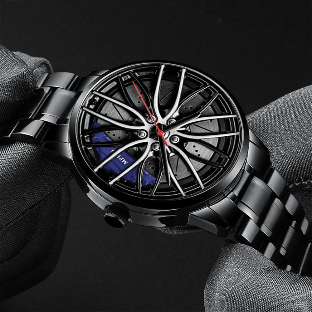 New Fashion Men Leather Watches Men Car Wheel Hub Stainless Steel Quartz Watch For Mens Military Sports Watch Relogio Masculino