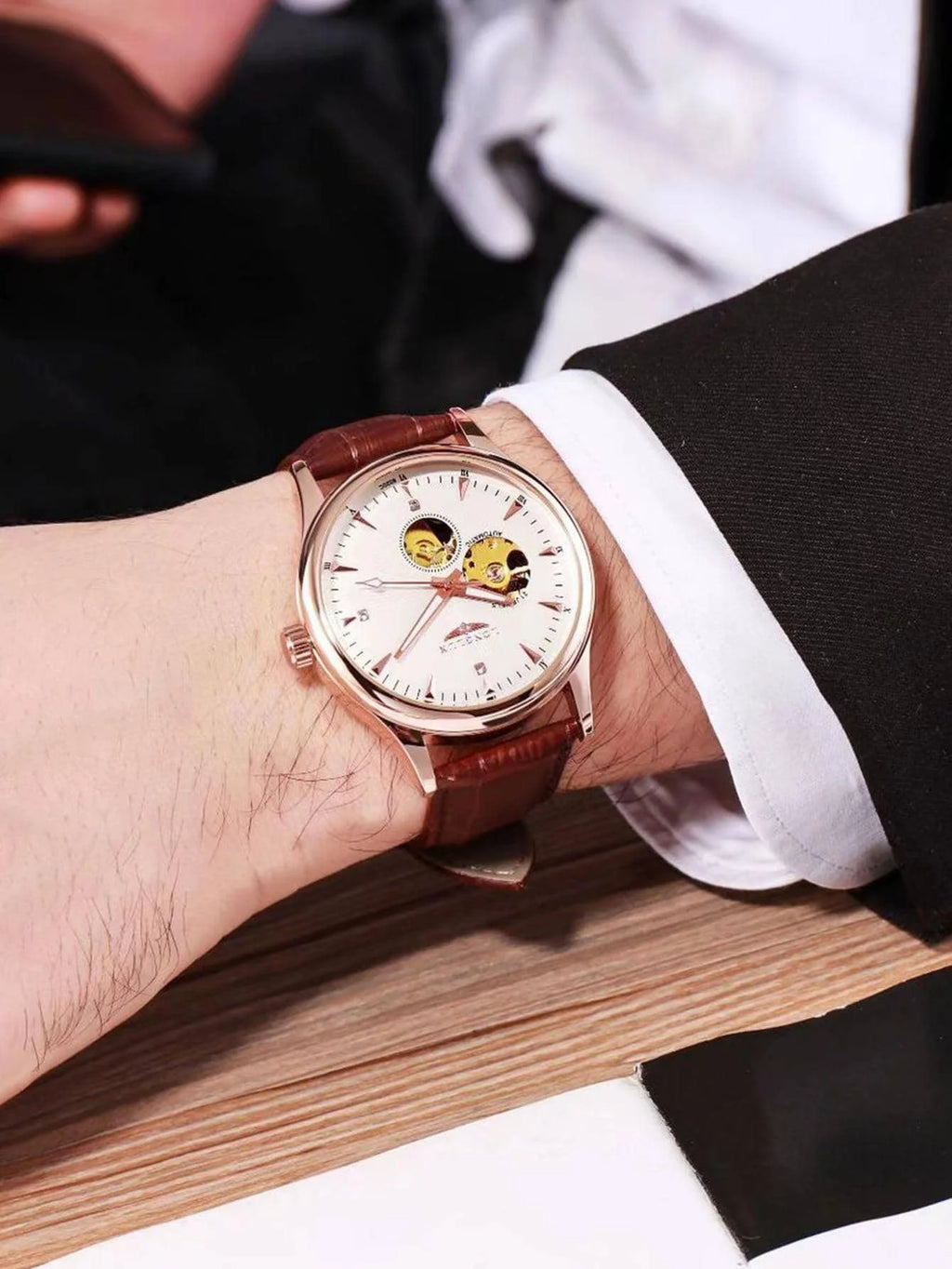 Automatic watch elegant skeleton waterproof mechanical watches leather simple rome mens watch men gift