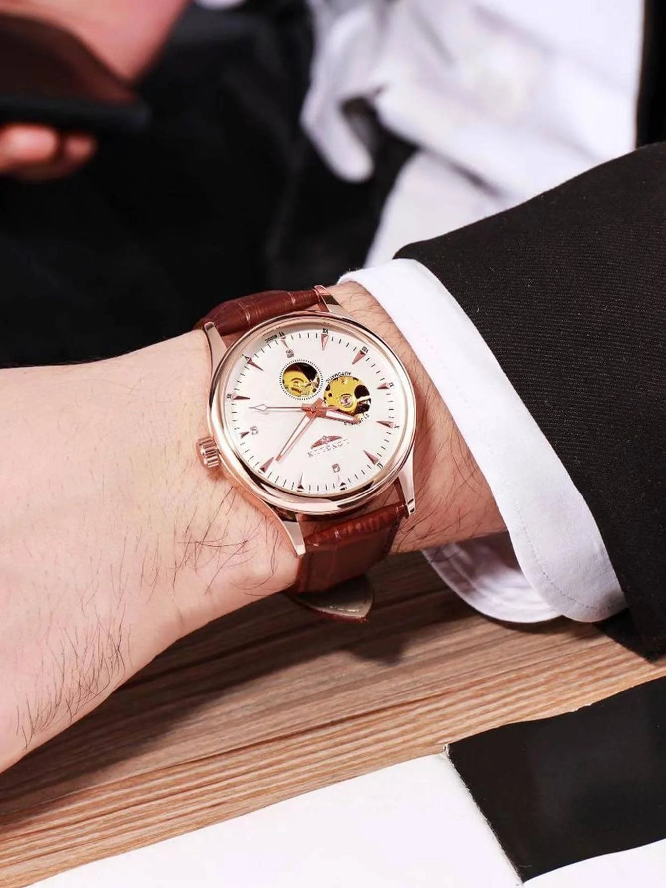 Automatic watch elegant skeleton waterproof mechanical watches leather simple rome mens watch men gift