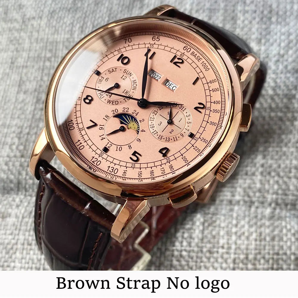 Corgeut 42mm Automatic Men's Watch Date Day Month Year Salmon Dial Multifunction 316L Leather Strap Polished Case Day Night