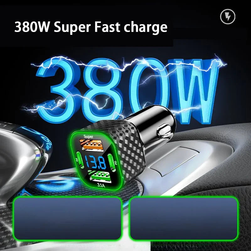 Lenovo carg SUPER FAST Car Charger 380W 4 in 1 USB Cigarette Lighter Adapter with QC3.0 All Cars Trucks SUV Universal Power Charging