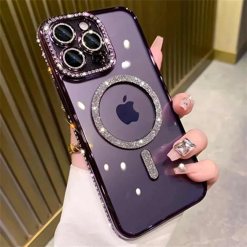 New Fashion Glitter Diamond Transparent Case For iPhone 17 16 15 14 13 11 12 Pro Max Funda Magnetic Wireless Charge Bumper Cover