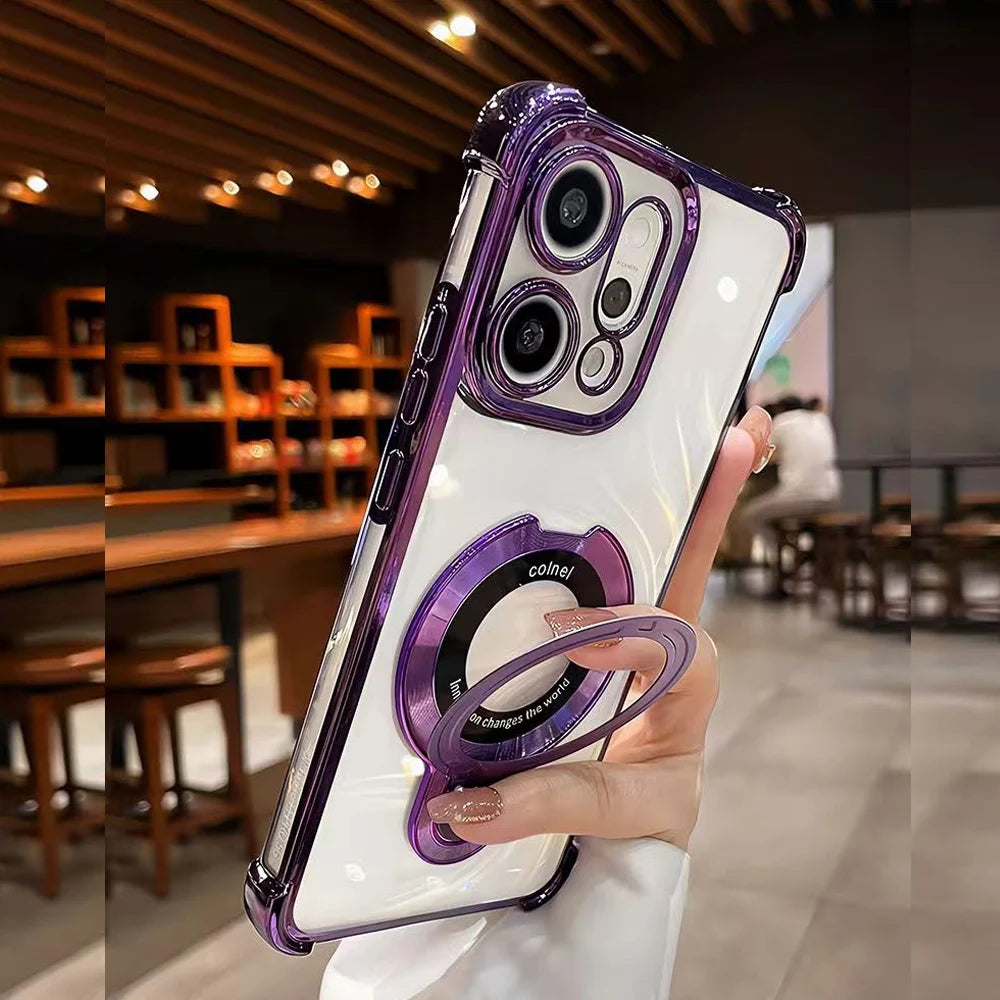 For OPPO Reno 14 13 12 11 Reno14 Reno13 F Pro 13F 14F 12F Case Magnetic Bracket Holder Plating Soft Transparent Shockproof Cover