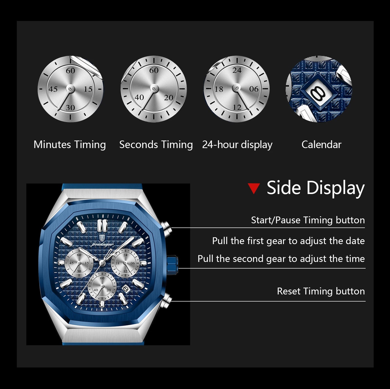 POEDAGAR Business Men's Wristwatch Chronograph Date Silicone Strap Man Watch Waterproof Luminous Military Quartz Watches For Men