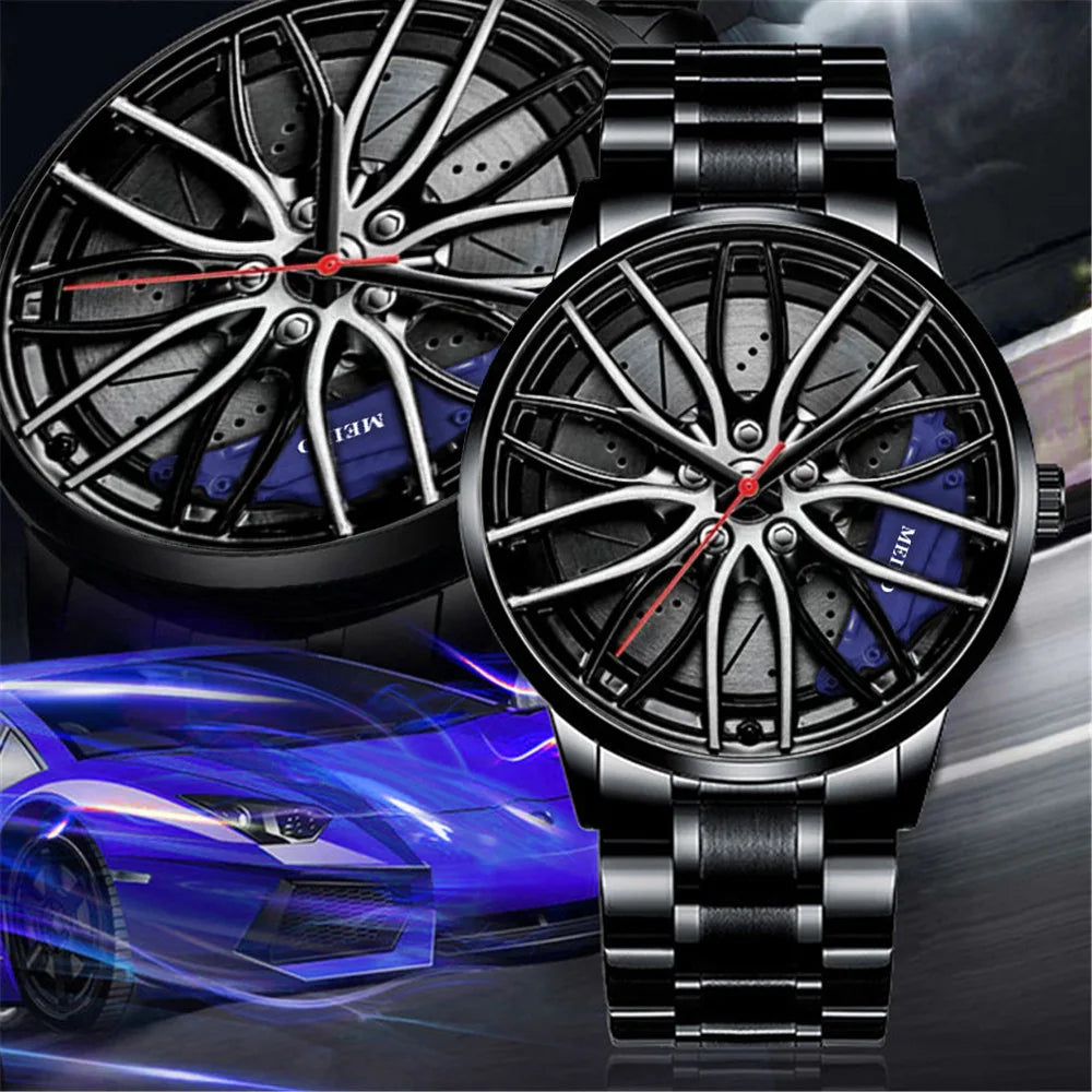 New Fashion Men Leather Watches Men Car Wheel Hub Stainless Steel Quartz Watch For Mens Military Sports Watch Relogio Masculino