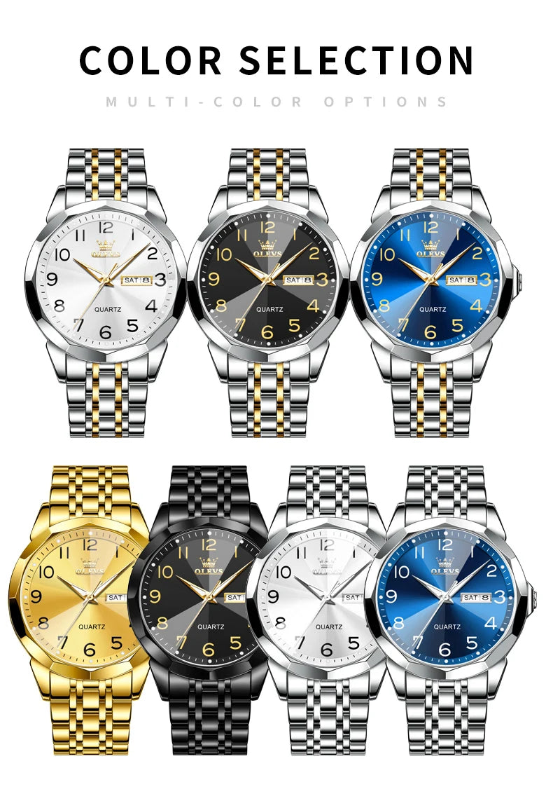 OLEVS Men's Watches Rhombus Mirror Original Quartz Watch for Man Waterproof Luminous Stainless Steel Wristwatch Male Date Week