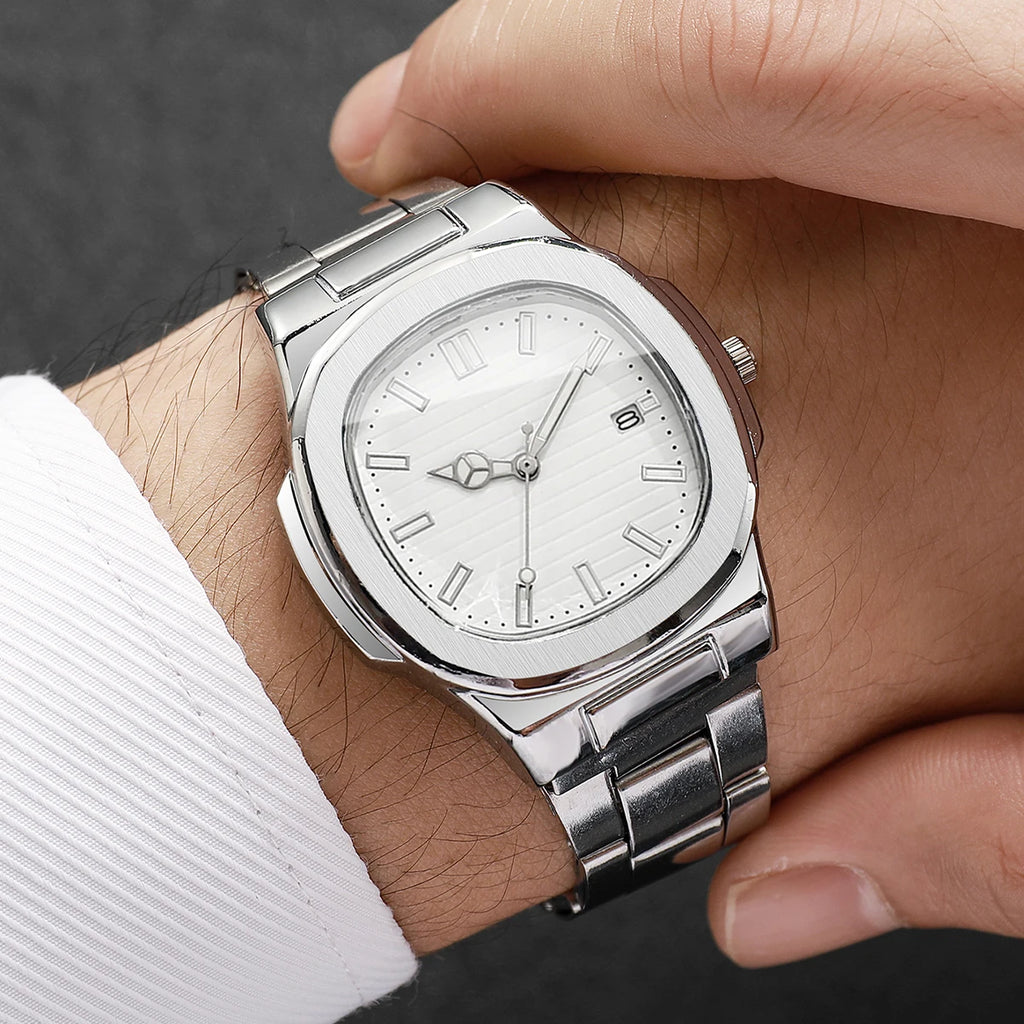Men Fashion Wristwatches Business Square Dial Stainless Steel Strap Quartz Watch with Calendar For Mens Clock（Without Box）