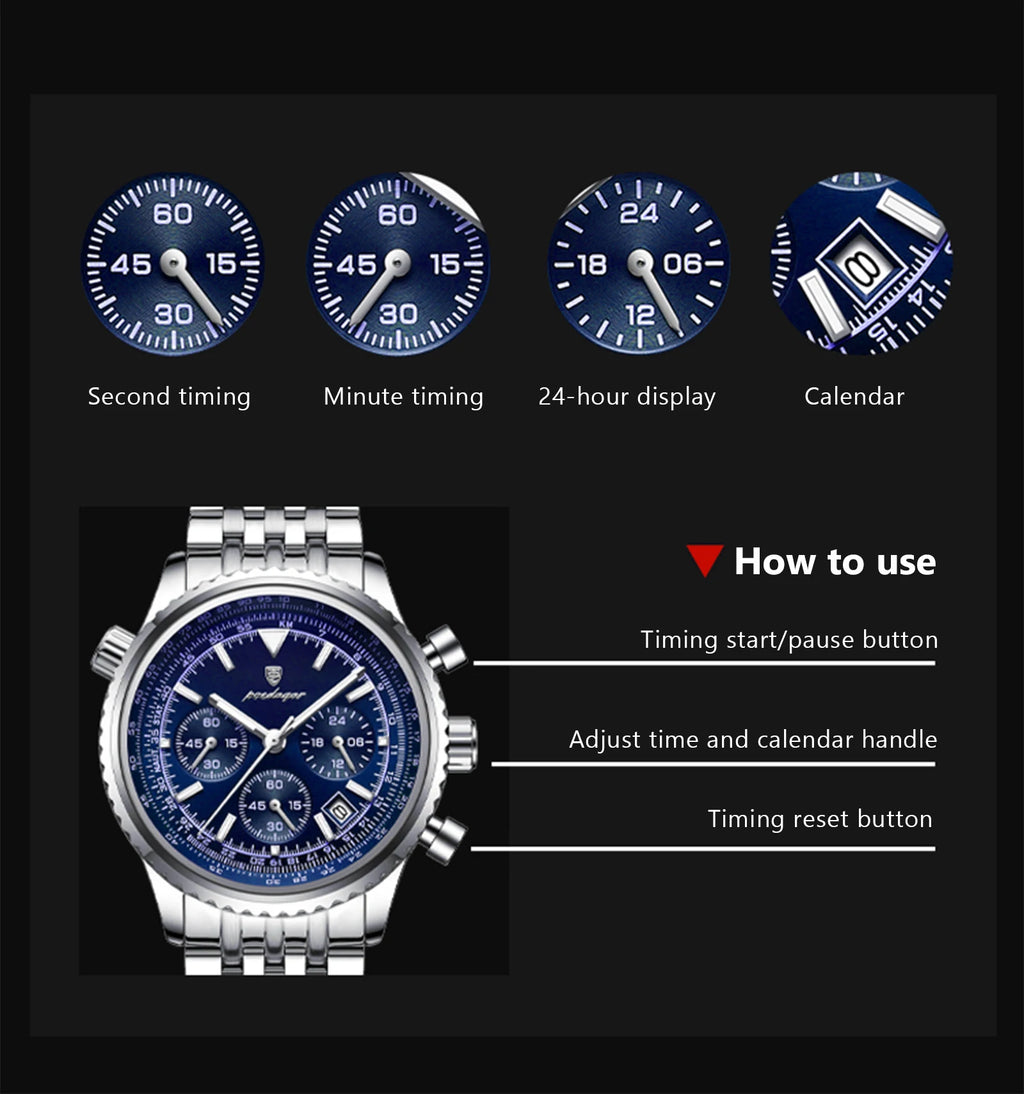POEDAGAR Luxury Sport Man Watch Chronograph Date Waterproof Luminous Men's Quartz Watches Stainless Steel Fashion Men Wristwatch