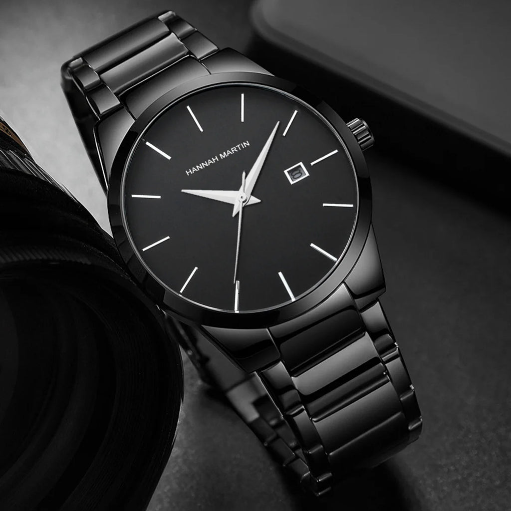 HANNAH MARTIN Men Watch 40mm Stainless Steel Quartz Fashion Business Full Black 3Bar Waterproof Sports Calendar Wristwatch reloj