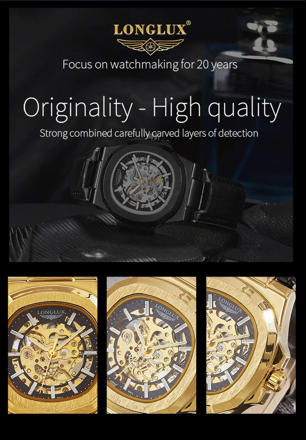 LONGLUX automatic mechanical watch outdoors simple luxury watches waterproof cheap wholesale skeleton leather mens watch gift