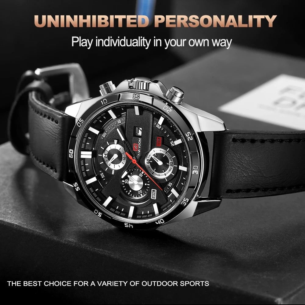 Man Sports Watches Fashion Racing Series 46mm Black Leather Clock VA VA VOOM Quartz Movement 3Bar Waterproof Wrist Watch for Men