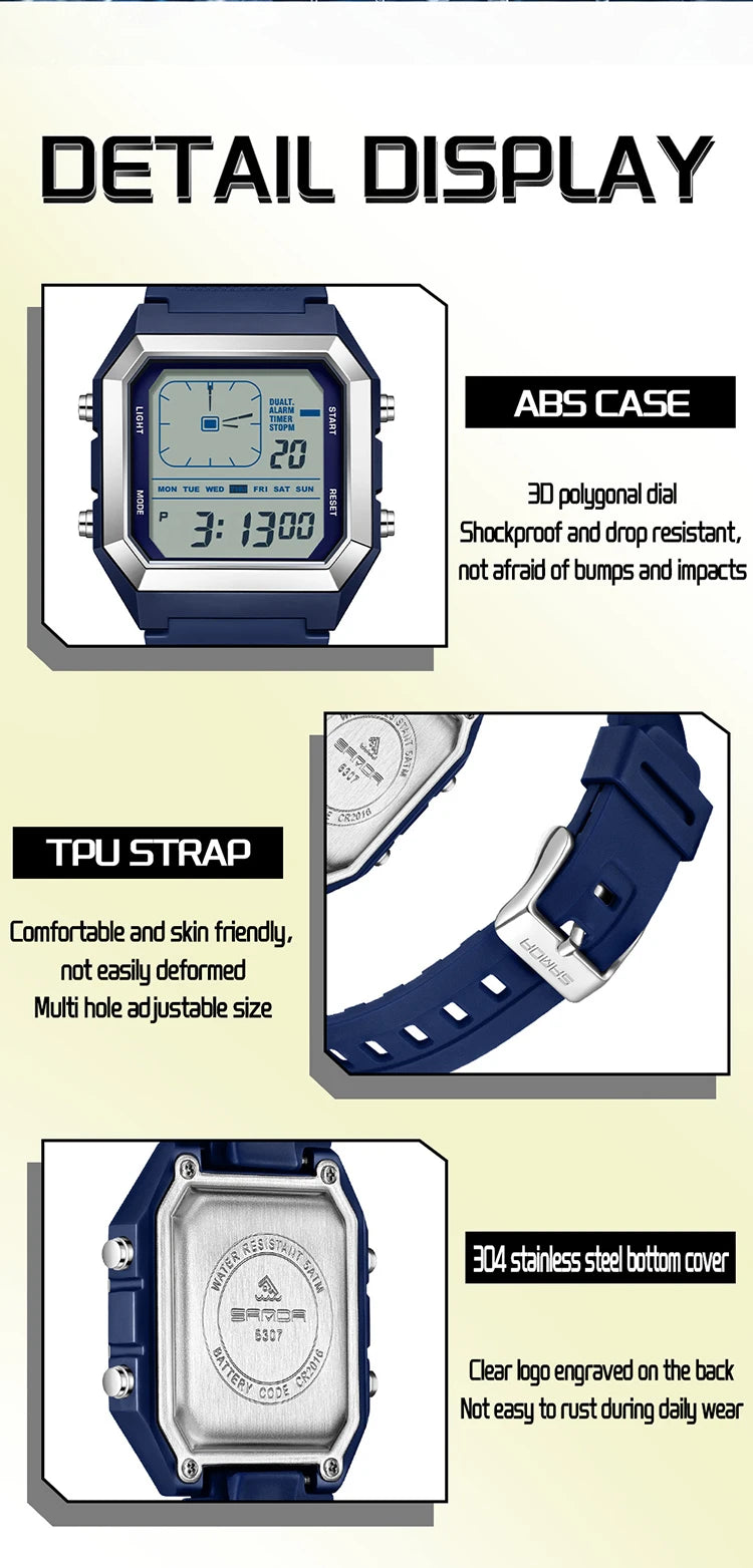 SANDA 6307 Fashion Digital Watches for Man Multifunction Luminous Chronograph Calendar Outdoor Sport Waterproof Electronic Watch