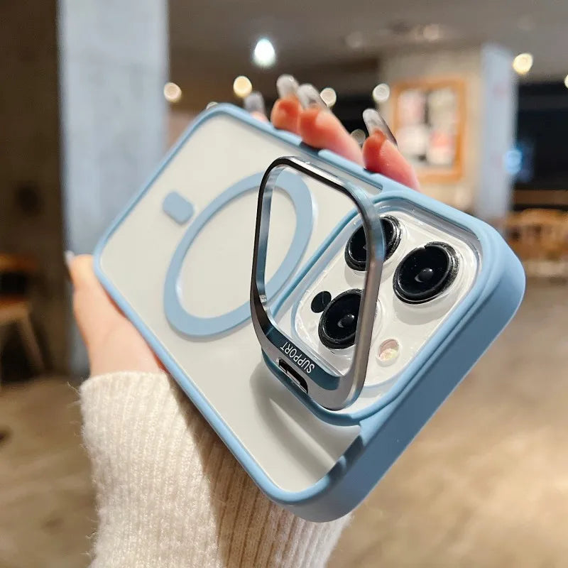 For Magsafe Stand Glass Lens Protector Case For iPhone17 16 15 14 13 11 12 Pro Max 16 Plus Luxury Magnetic Shockproof Back Cover