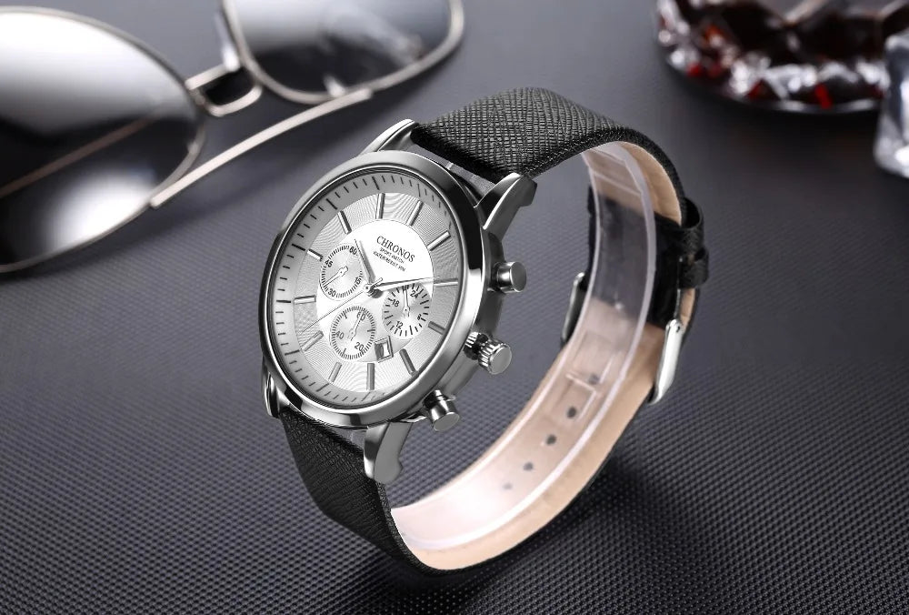 CHRONOS Mens Watches Male Sport Business Quartz Wristwatch  Dress Leather Clock Causal Military Timepiece Relogio Masculino