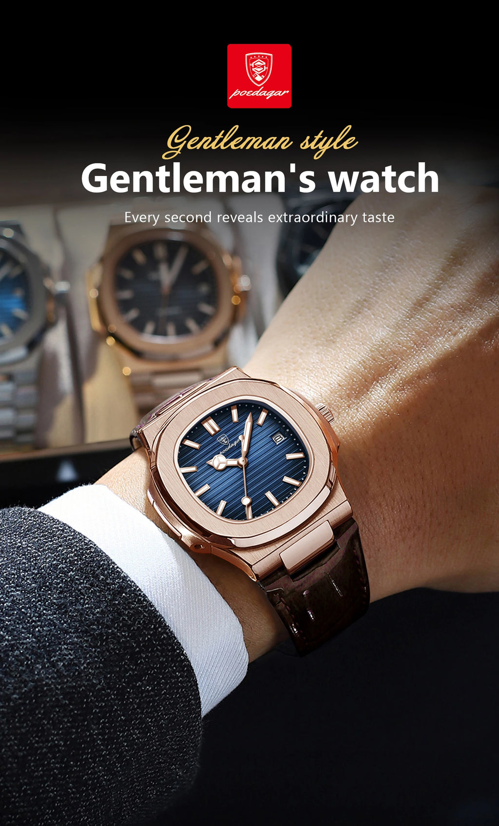 POEDAGAR Business Man Watch Date Waterproof Luminous Leather Classic Watches For Men High Quality Square Quartz Men's Wristwatch