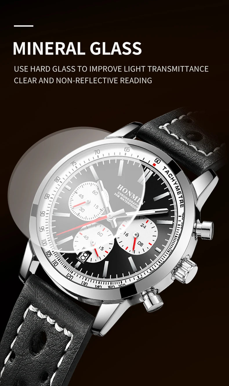 HONMIN Man Luxury Watch High Quality Waterproof Chronograph Luminous Men's Wristwatch Leather Men Quartz Watches Casual Clock