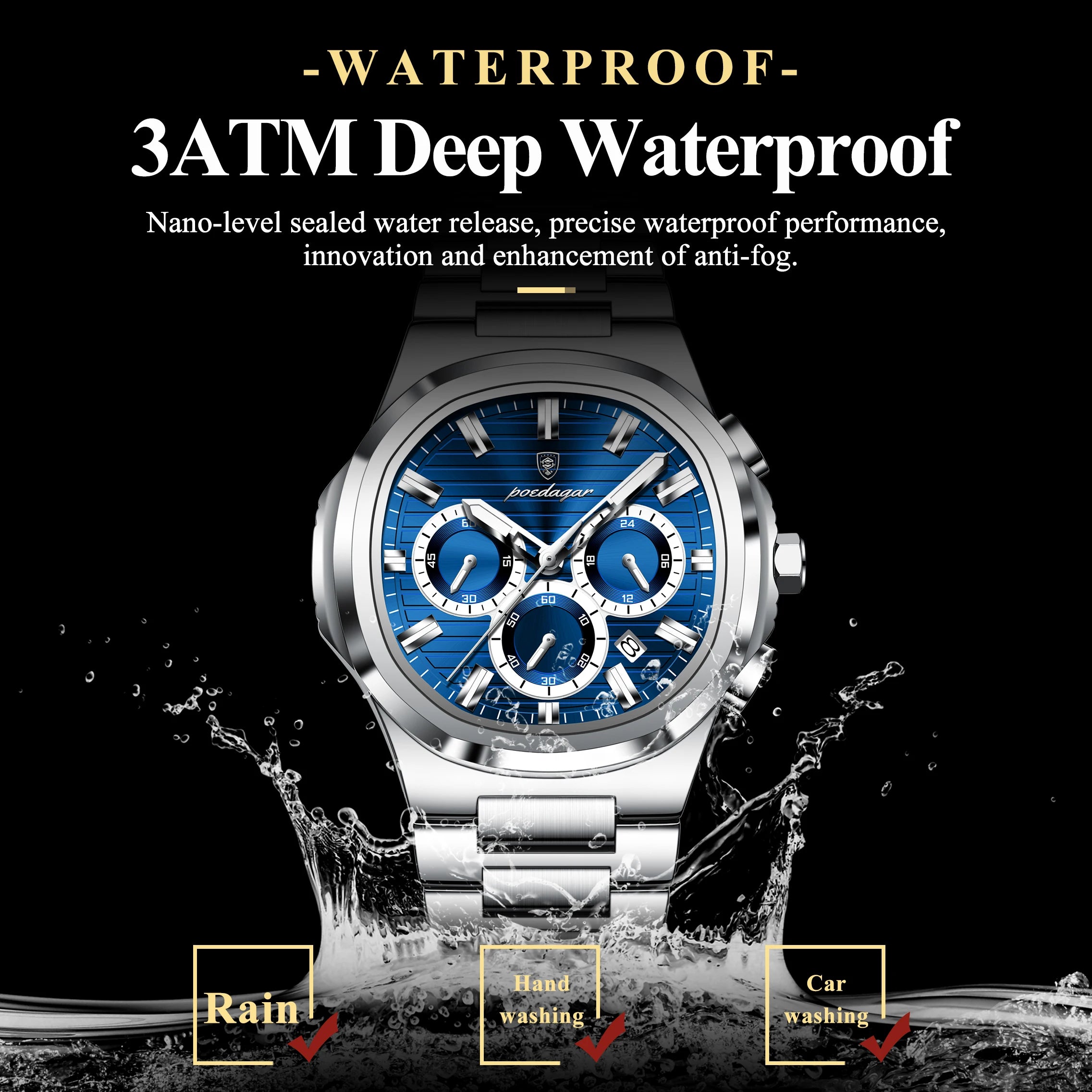 POEDAGAR Business Male Clock Date Chronograph Waterproof Luminous Luxury Men Watch Stainless Steel Quartz Fashion Men's Watches