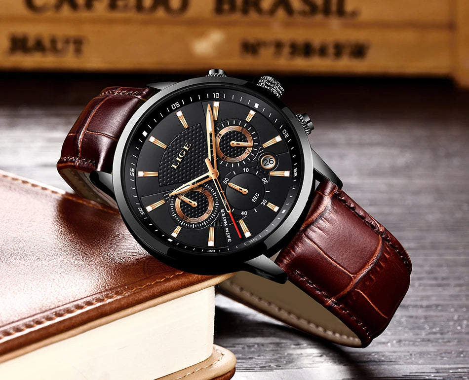 LIGE New Brown Leather Watch for Men Fashion Top Brand Luxury Men's Quartz Wristwatches Casual Waterproof Luminous Chronograph