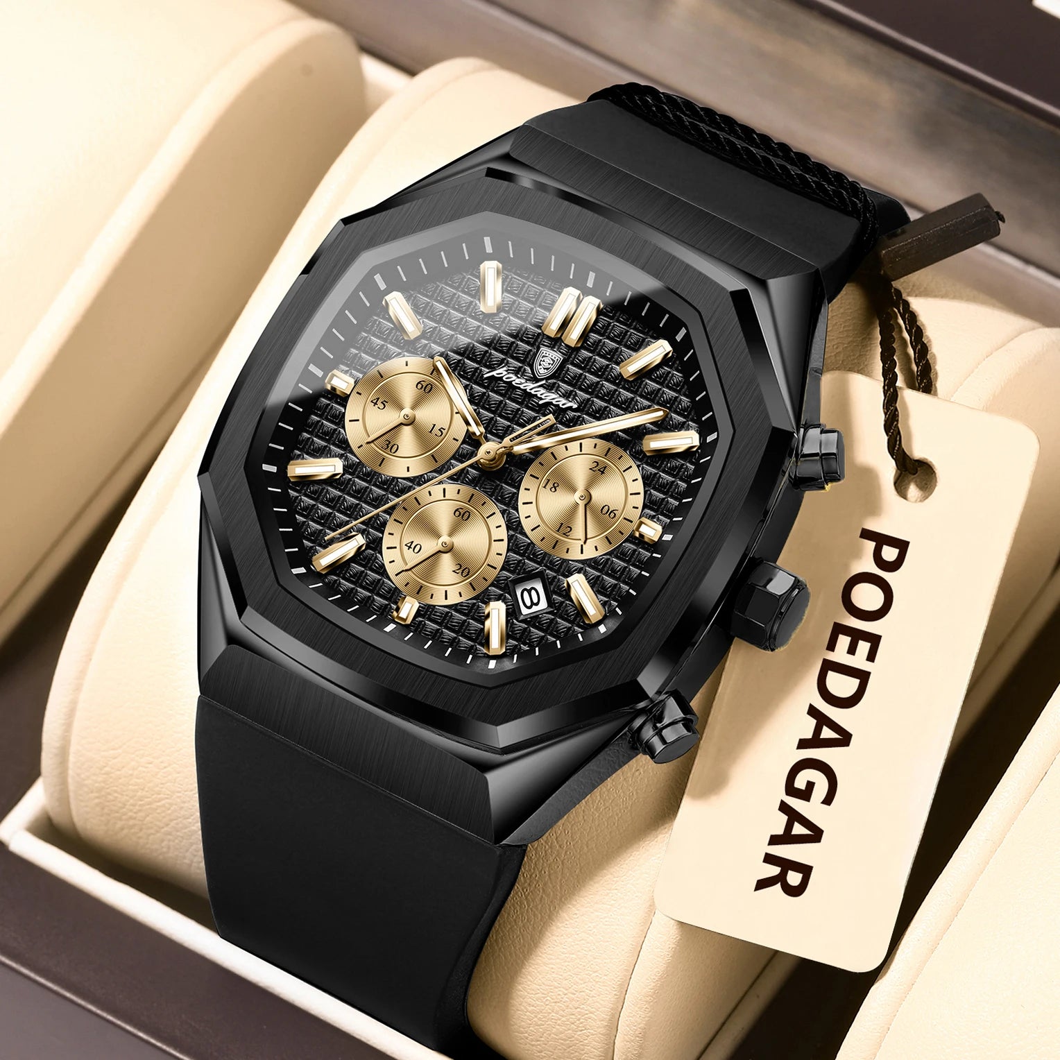 POEDAGAR Business Men's Wristwatch Chronograph Date Silicone Strap Man Watch Waterproof Luminous Military Quartz Watches For Men