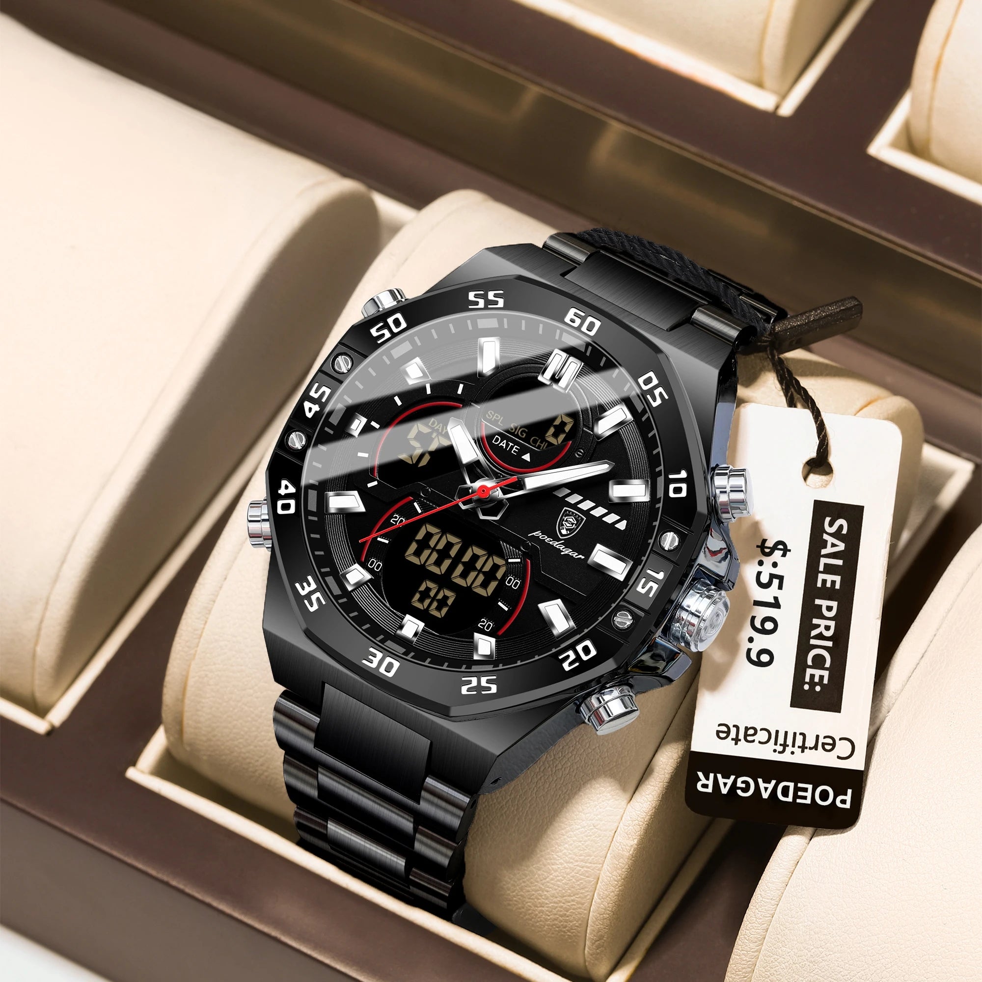 POEDAGAR Top Sport Men Clock LED Luminous Waterproof Week Date Man Watch Electronic Stainless Steel Fashion Quartz Men's Watches