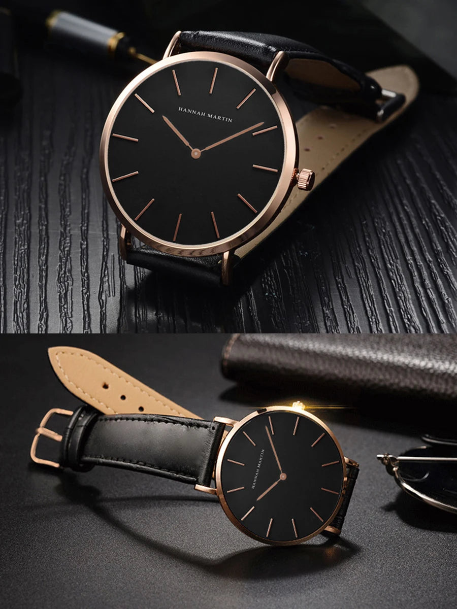 HANNAH MARTIN Brand Japan Quartz Movement Men's Waterproof Wrist Watches Fashion Luxury Ultra Thin Leather Creative Male Watches