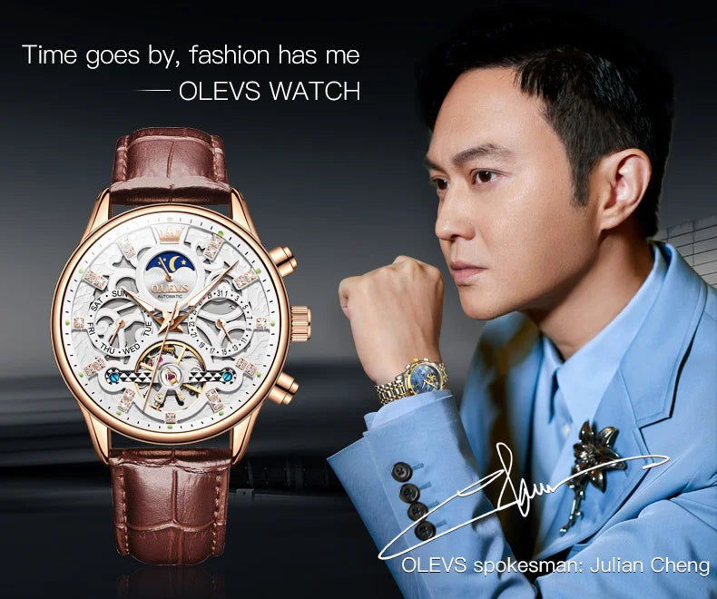 OLEVS 6658 Mens Watch Business Leather Strap Reloj  Hollow out Mechanical Automatic Wristwatch Waterproof Luminous Watch For Man