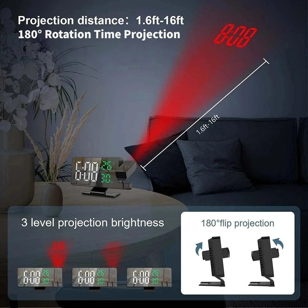 180° Rotation Projection Digital Alarm Clock Temperature Humidity Night Mode Snooze 12/24H USB Powered Projector Table LED Clock