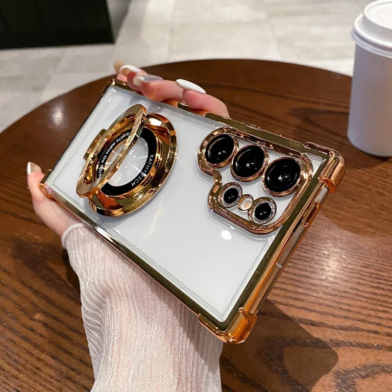 Four Corners Anti Drop Transparent Electroplated Magnetic Stand Protective Case For Samsung Galaxy S25 S24 S23 S22 Ultra Plus