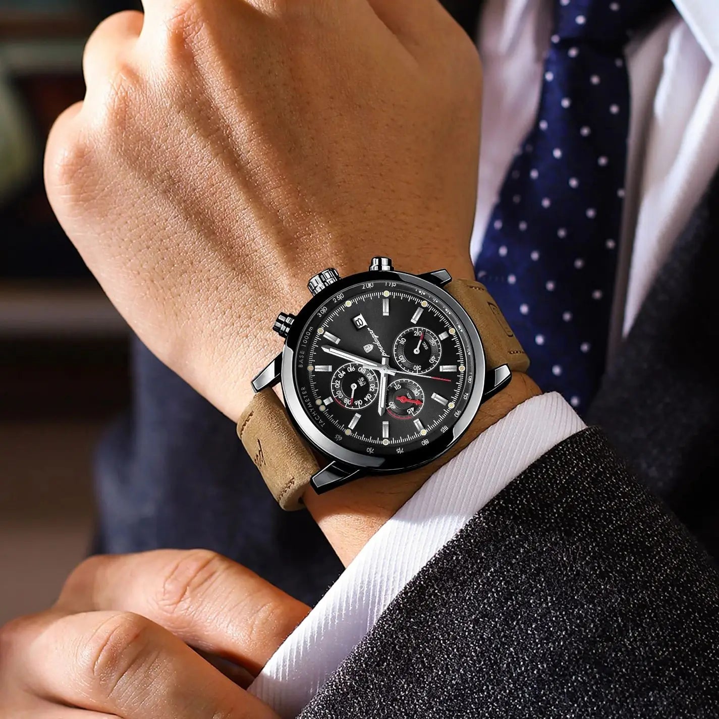 POEDAGAR Fashion Quartz Men's Watch Waterproof Luminous Chronograph Date Leather Man Watch Luxury Business Watches For Men Reloj