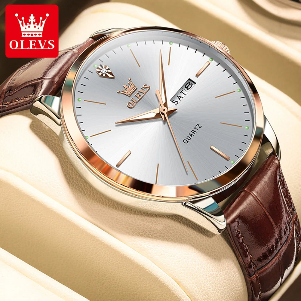OLEVS Men's Watch Brand Business Waterproof Luminous Week Date Quartz Watch Fashion Leather Strap Classic Luxury Men's Watch