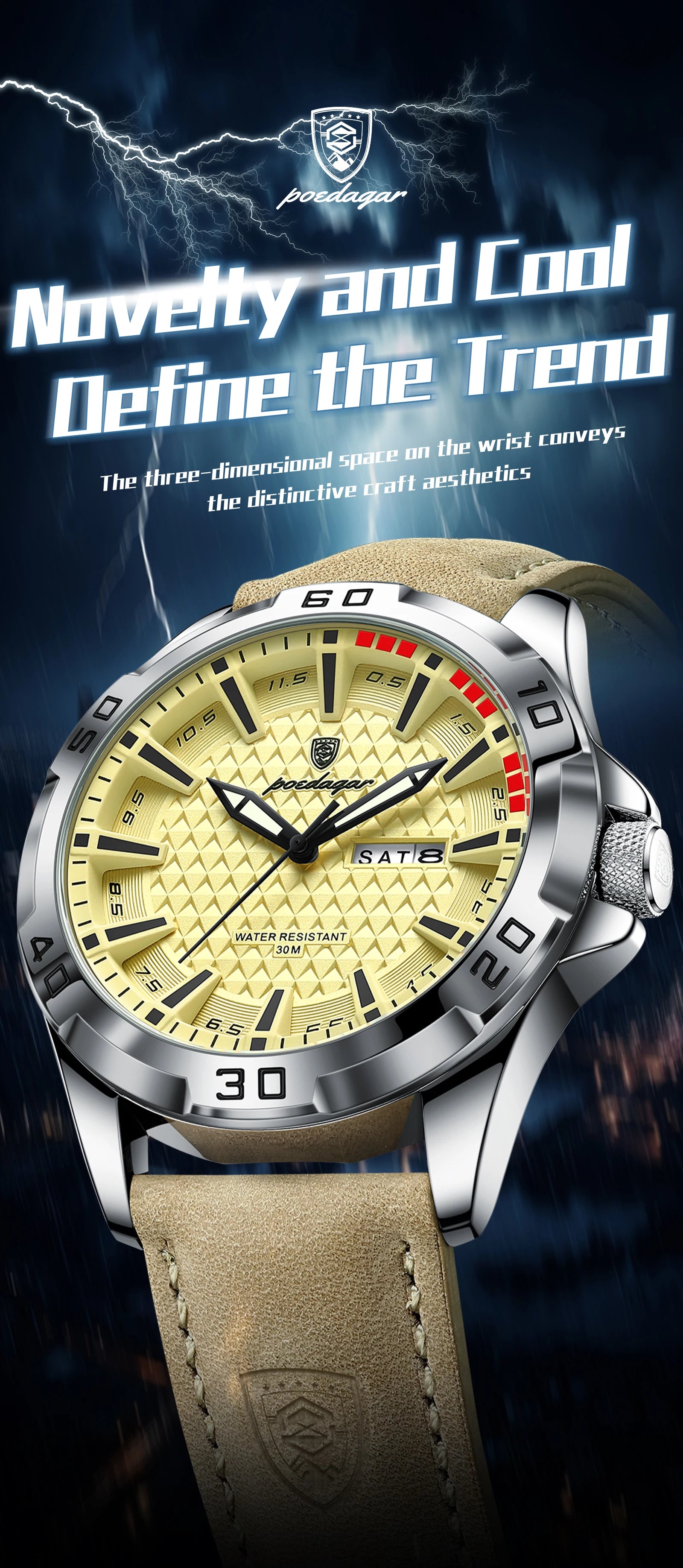 POEDAGAR Top Casual Sports Men Watch Waterproof Luminous Date Week Fashion Watch For Man Leather Classic Men's Quartz Wristwatch