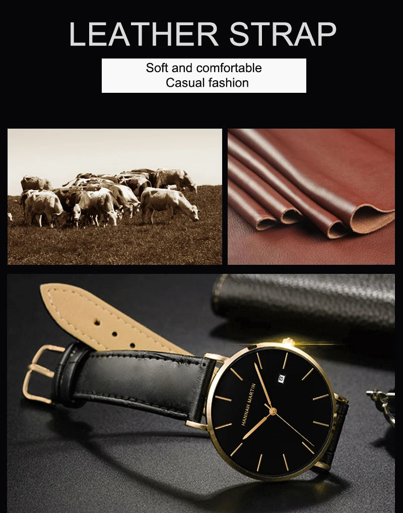 Men Dropshipping Wristwatch Hannah Martin Japan Movement 40mm Blue Minimalist Casual Leather Top Brand 3Bar Luxury Watch for Men