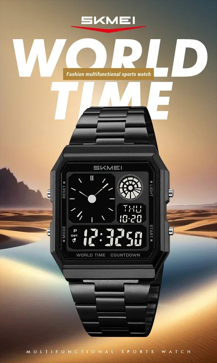 SKMEI 2353 Waterproof Outdoor Sport Stainless Steel Strip Wristwatches Reloj Hombre World Digital Electronic Watch For Men Women