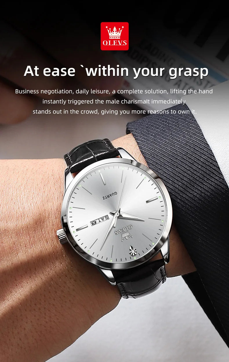 OLEVS 2935 Men's Watch Dual Calendar Waterproof Luminous Quartz Watch For Men 43mm Big Dial Leather Fashion Business Wristwatch