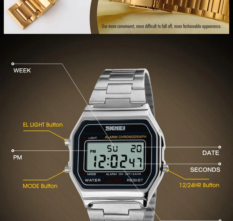Skmei 3Bar Waterproof Digital Watch Reloj Hombre For Casual Sport 1123 Fashion Men Stainless Steel Strap LED Display Watches
