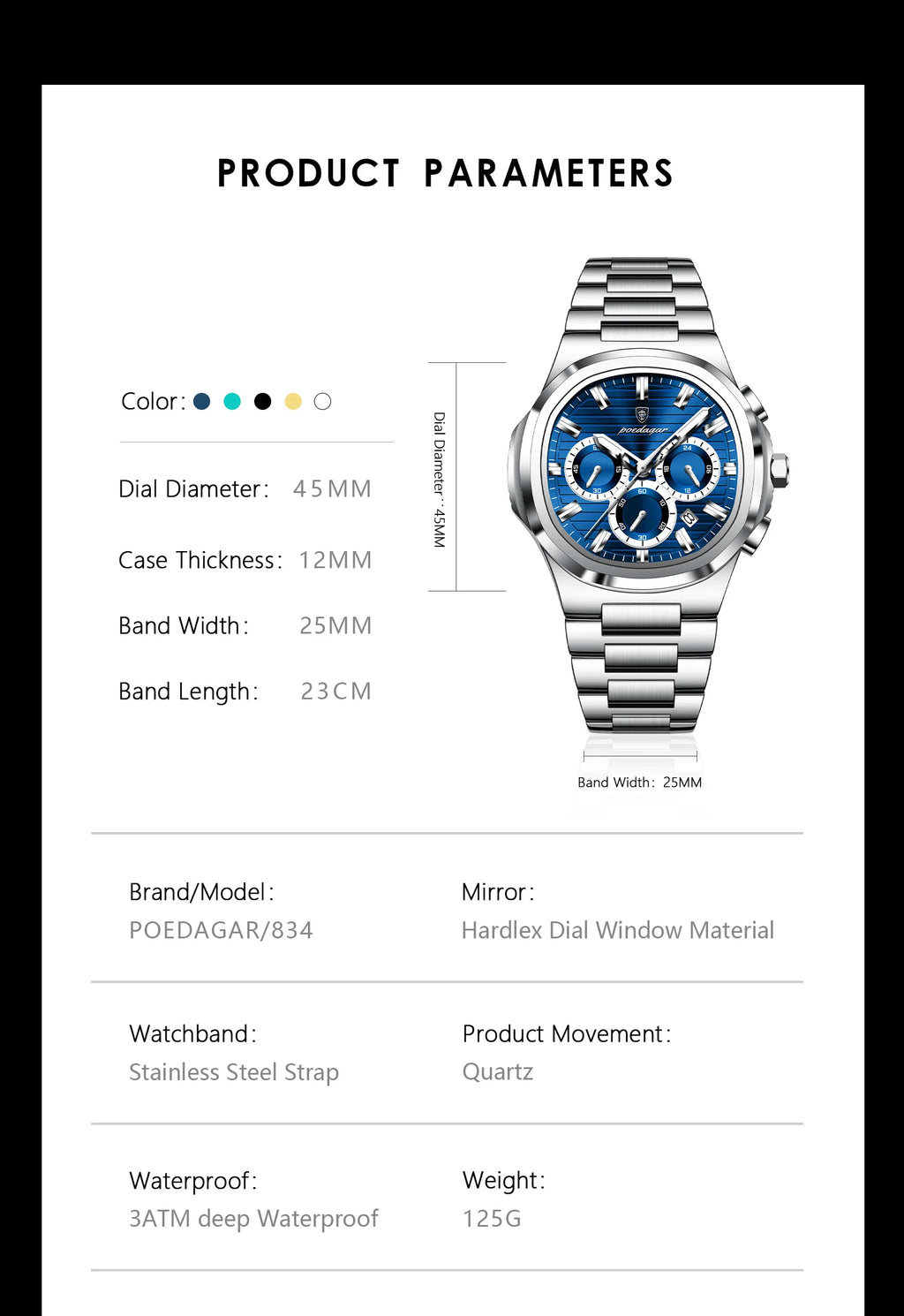 POEDAGAR Business Male Clock Date Chronograph Waterproof Luminous Luxury Men Watch Stainless Steel Quartz Fashion Men's Watches