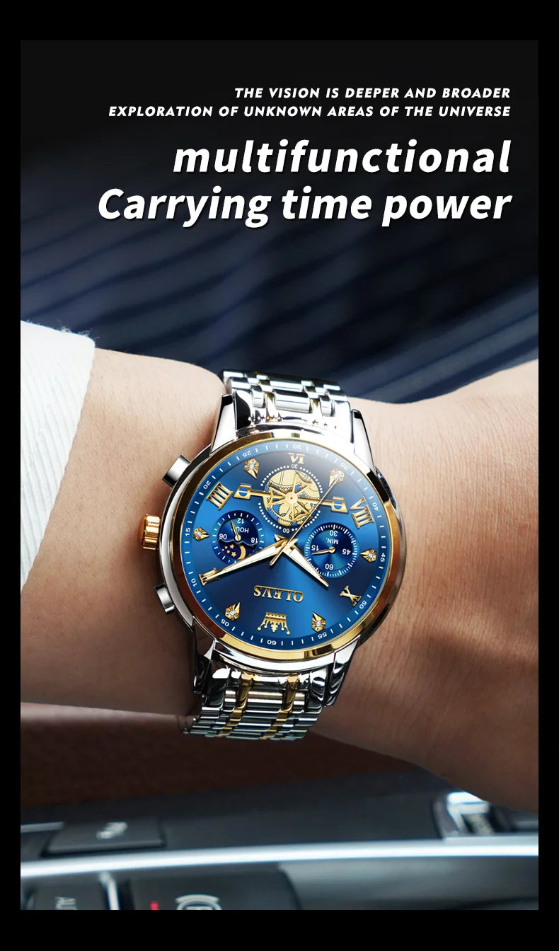 OLEVS 2856 Quartz Watch for Men Flywheel Skeleton Chronograph Moon Phase Multifunctional Stainless steel Men's Wristwatches