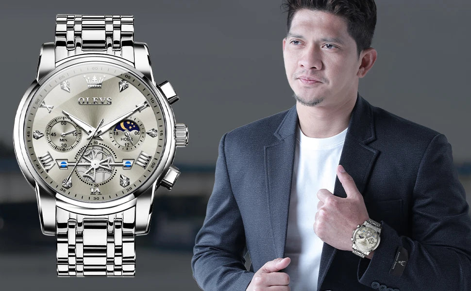 OLEVS 2856 Quartz Watch for Men Flywheel Skeleton Chronograph Moon Phase Multifunctional Stainless steel Men's Wristwatches