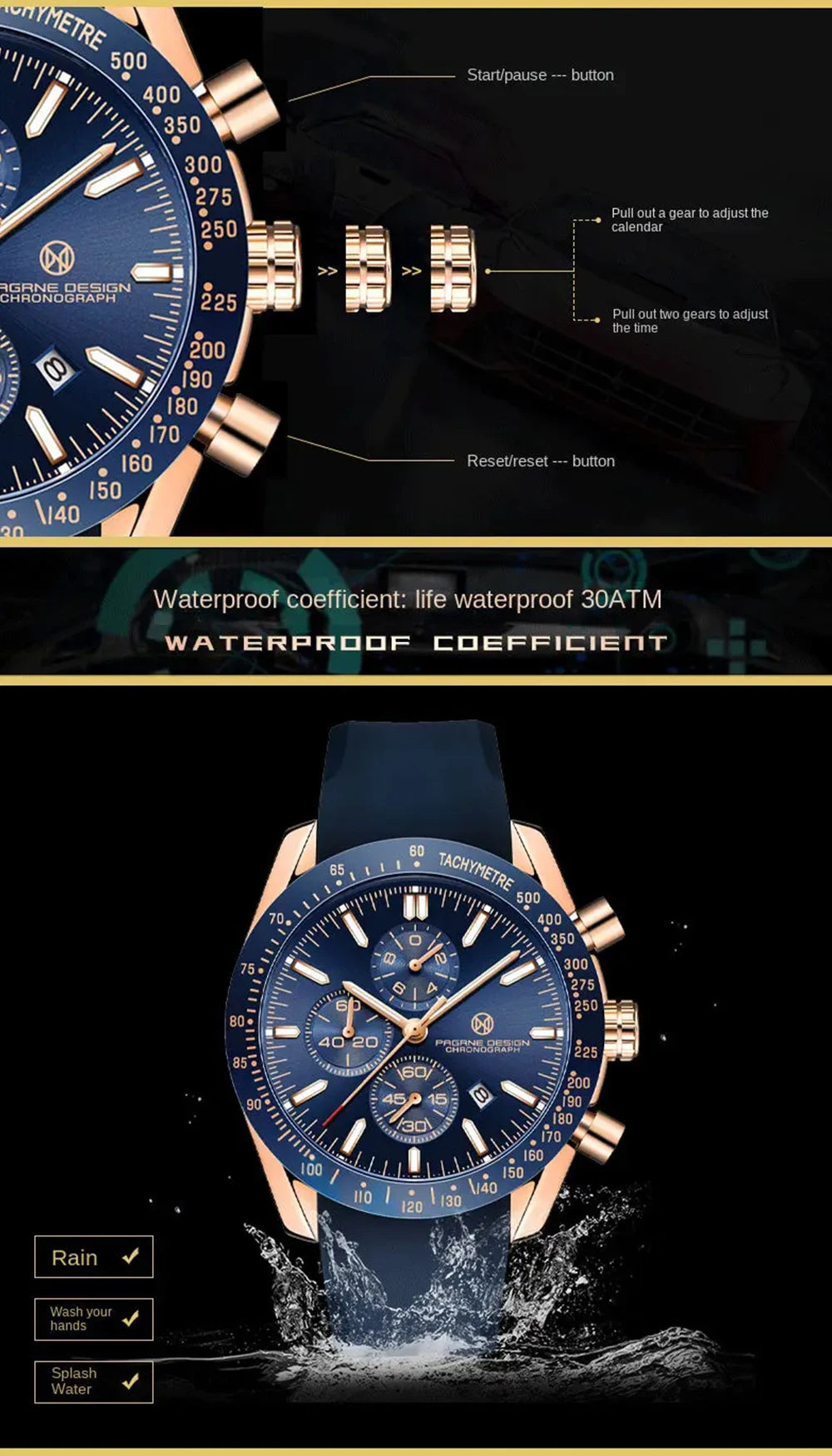 Pagane Design 2026 New Men's Quartz Chronograph Luxury Sapphire Stainless Steel Waterproof 3Bar Night Light C3 Casual Watch