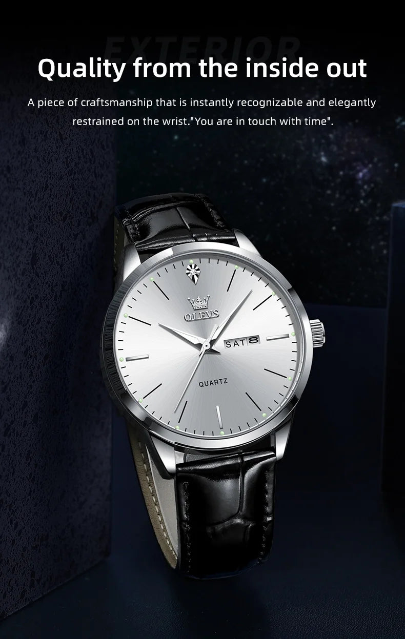 OLEVS 2935 Men's Watch Dual Calendar Waterproof Luminous Quartz Watch For Men 43mm Big Dial Leather Fashion Business Wristwatch
