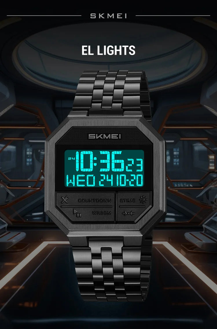 Skmei Luxury Steel Strap Digital Watches for Mens LED Light 50M Waterproof Fashion Sports Dual Time with Alarm Clock