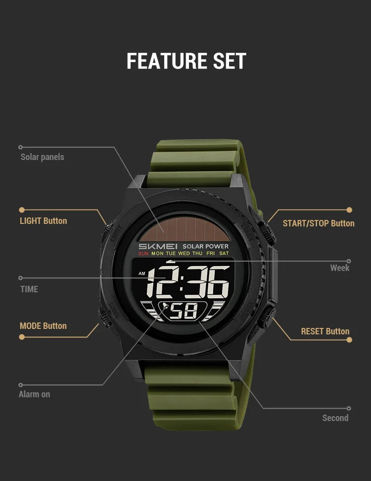 SKMEI Solar Energy Digital Sports Electronic Watches For Men Fashion Casual 5Bar Waterproof Chrono Wristwatch Clock Reloj Hombre