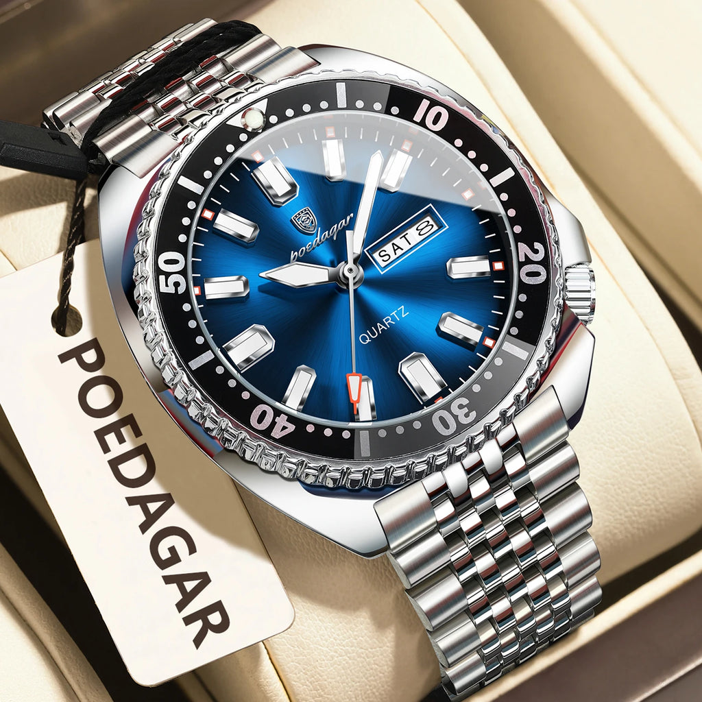 POEDAGAR Luxury Fashion Men's Watch Waterproof Luminous Quartz Male Watch Date Week Stainless Steel Casual Watches For Men Reloj