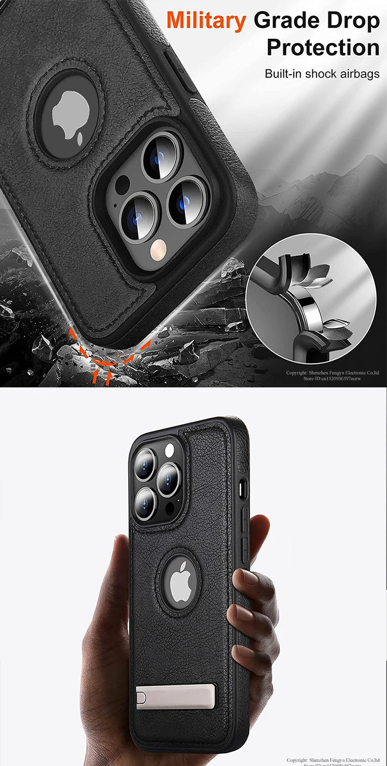 PU Leather Phone Case with Kickstand for iPhone 17 16 15 Pro Max 14 Plus 13 12 11 Mini Soft Grip Luxury Back Cover with Stand