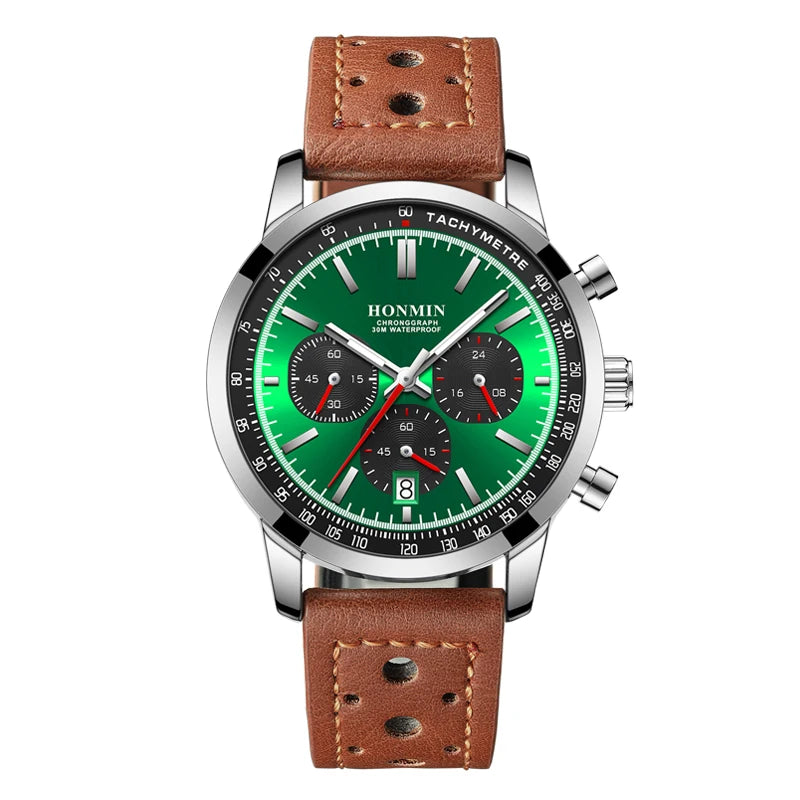 HONMIN Man Luxury Watch High Quality Waterproof Chronograph Luminous Men's Wristwatch Leather Men Quartz Watches Casual Clock