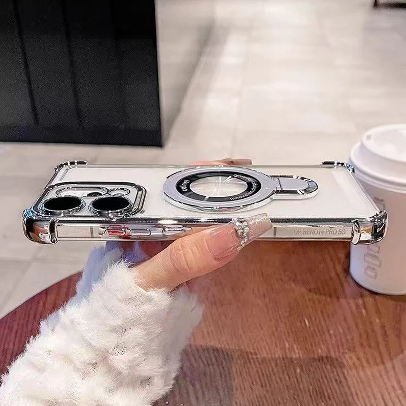 For OPPO Reno 14 13 12 11 Reno14 Reno13 F Pro 13F 14F 12F Case Magnetic Bracket Holder Plating Soft Transparent Shockproof Cover