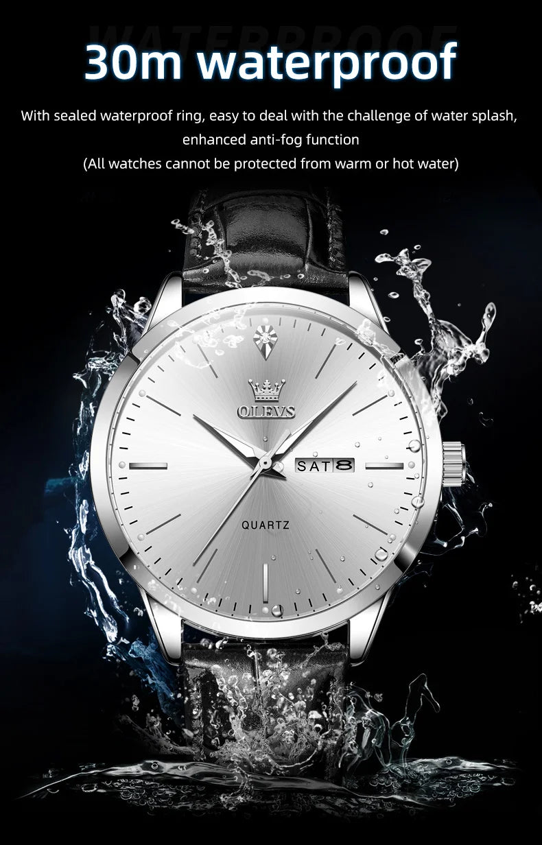 OLEVS 2935 Men's Watch Dual Calendar Waterproof Luminous Quartz Watch For Men 43mm Big Dial Leather Fashion Business Wristwatch