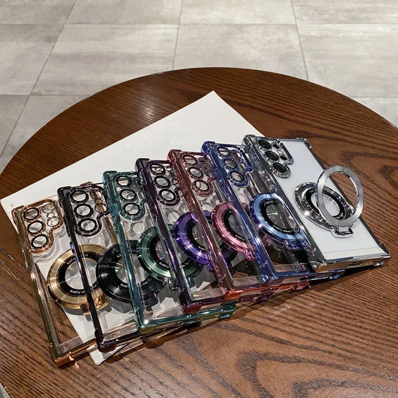 Four Corners Anti Drop Transparent Electroplated Magnetic Stand Protective Case For Samsung Galaxy S25 S24 S23 S22 Ultra Plus