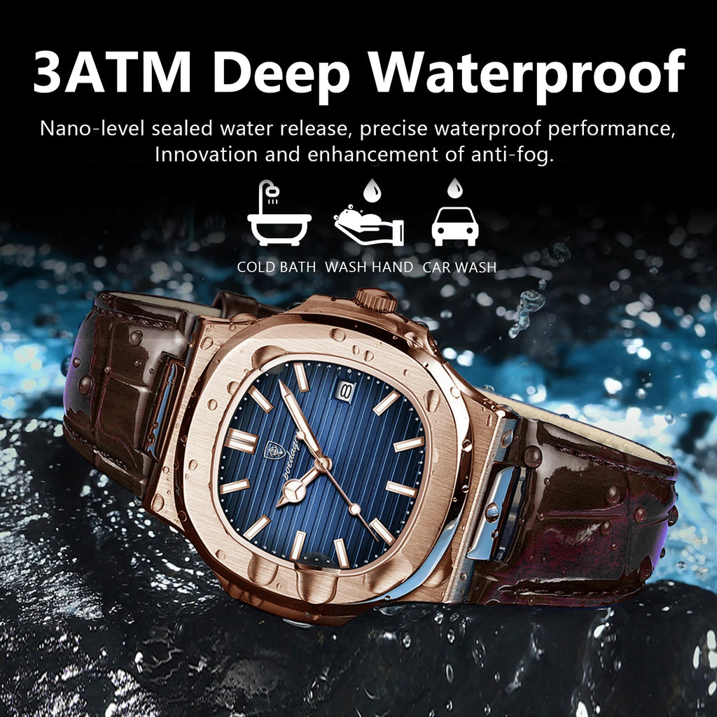 POEDAGAR Business Man Watch Date Waterproof Luminous Leather Classic Watches For Men High Quality Square Quartz Men's Wristwatch