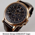 Corgeut 42mm Automatic Men's Watch Date Day Month Year Salmon Dial Multifunction 316L Leather Strap Polished Case Day Night